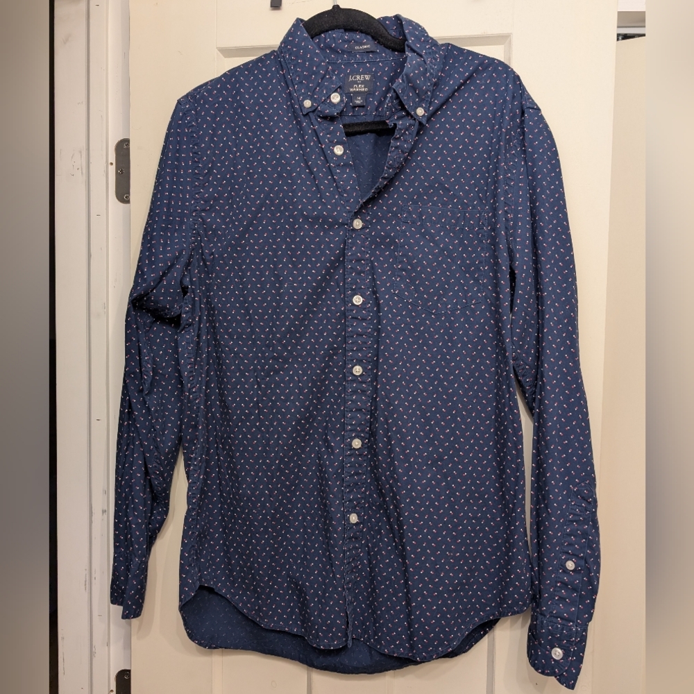 J. Crew Classic Men's Button-Up Shirt With Red & White Triangle Print, Flex Wash